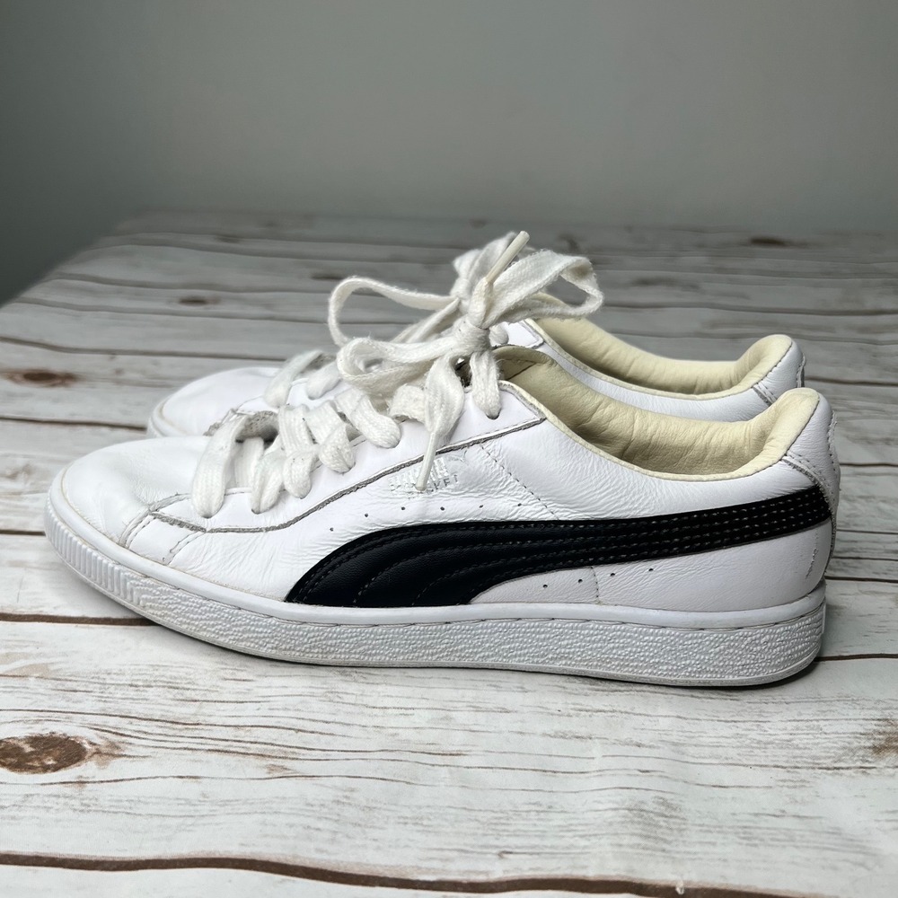 Puma‎ Basket Classic Sneakers White Black Leather Low Top 8 Womens